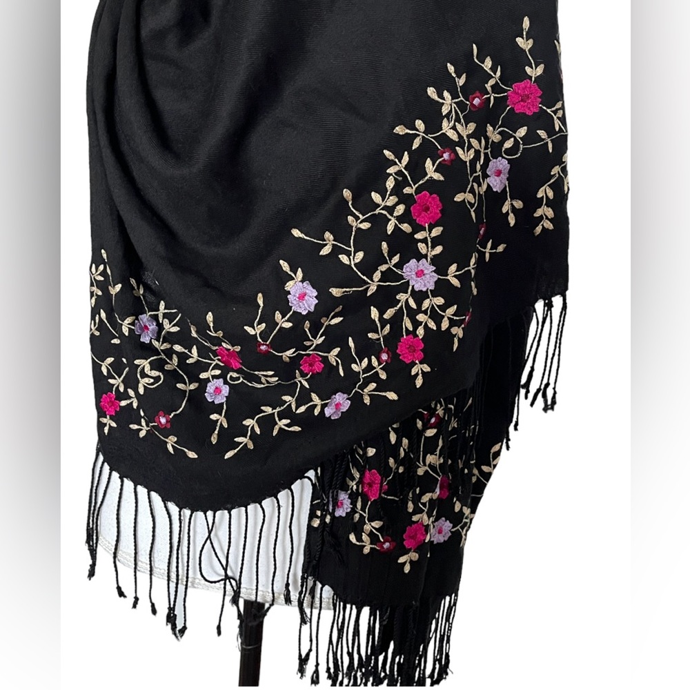 Long Scarf Embroidered Floral Shawl Wrap Black Pink Purple Tan Fringe Dark Fairy